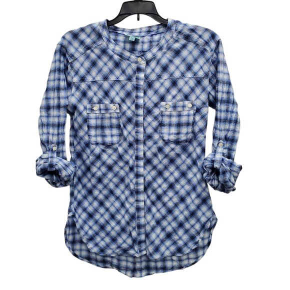 C&C California Women's Blue Plaid Roll Tab Sleeve Button Front Pocket Top Size S - Picture 1 of 9